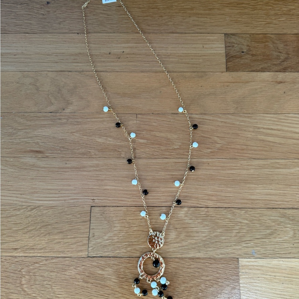 NWT Talbots Hammered Gold-Tone Statement Necklace, Black & White Beaded - Picture 2 of 4